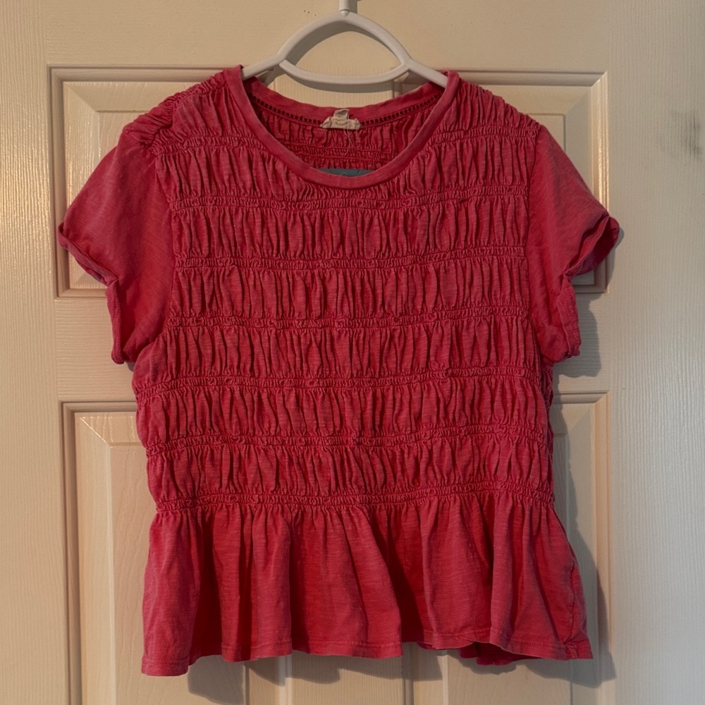 Anthropologie Pink Smocked Peplum Short-Sleeve Top